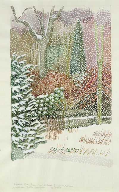 Voortuin in zware sneeuwstorm door Lillian Delevoryas
